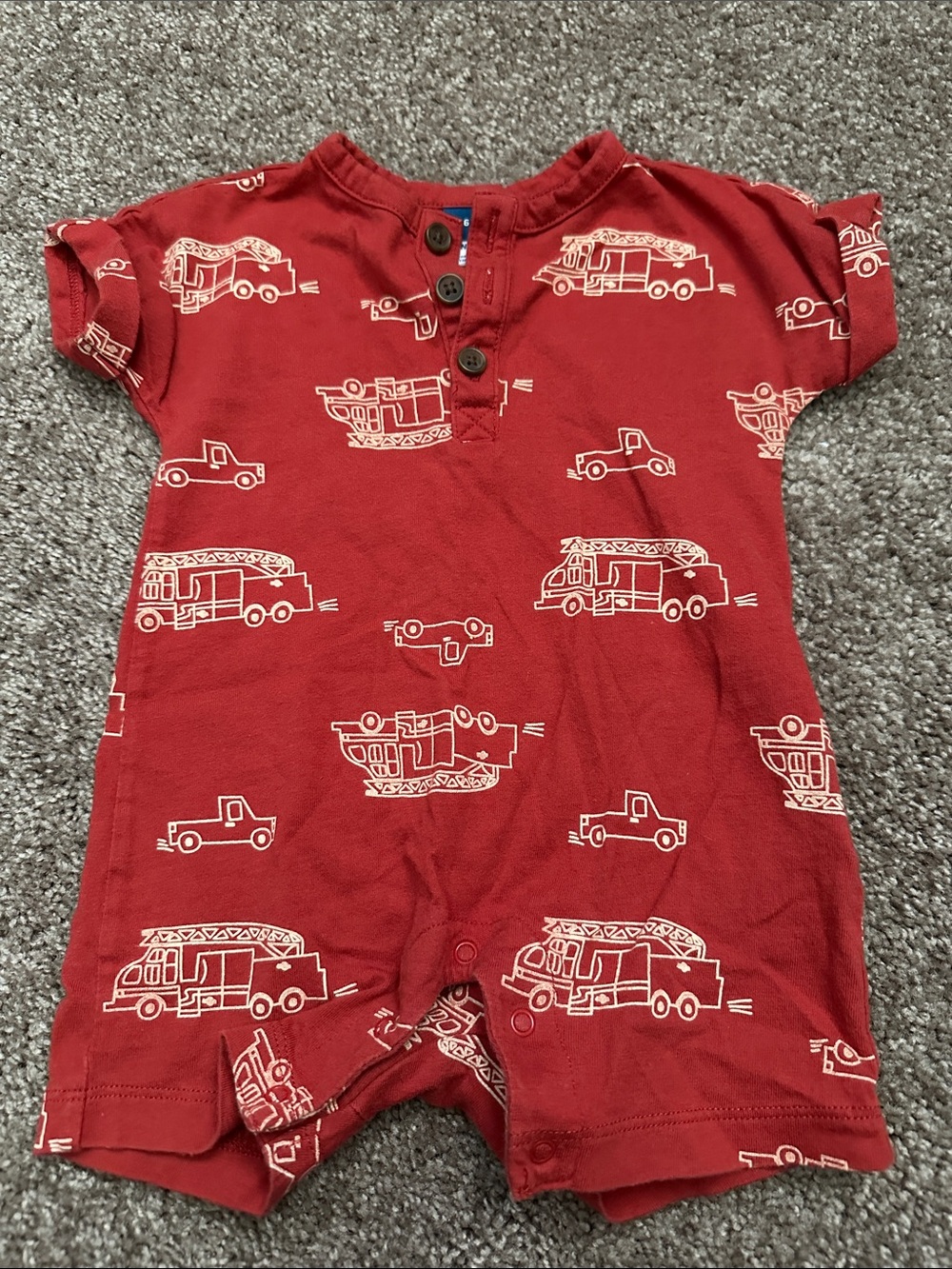 Old Navy Red Baby Romper with Cream Vehicle Accent